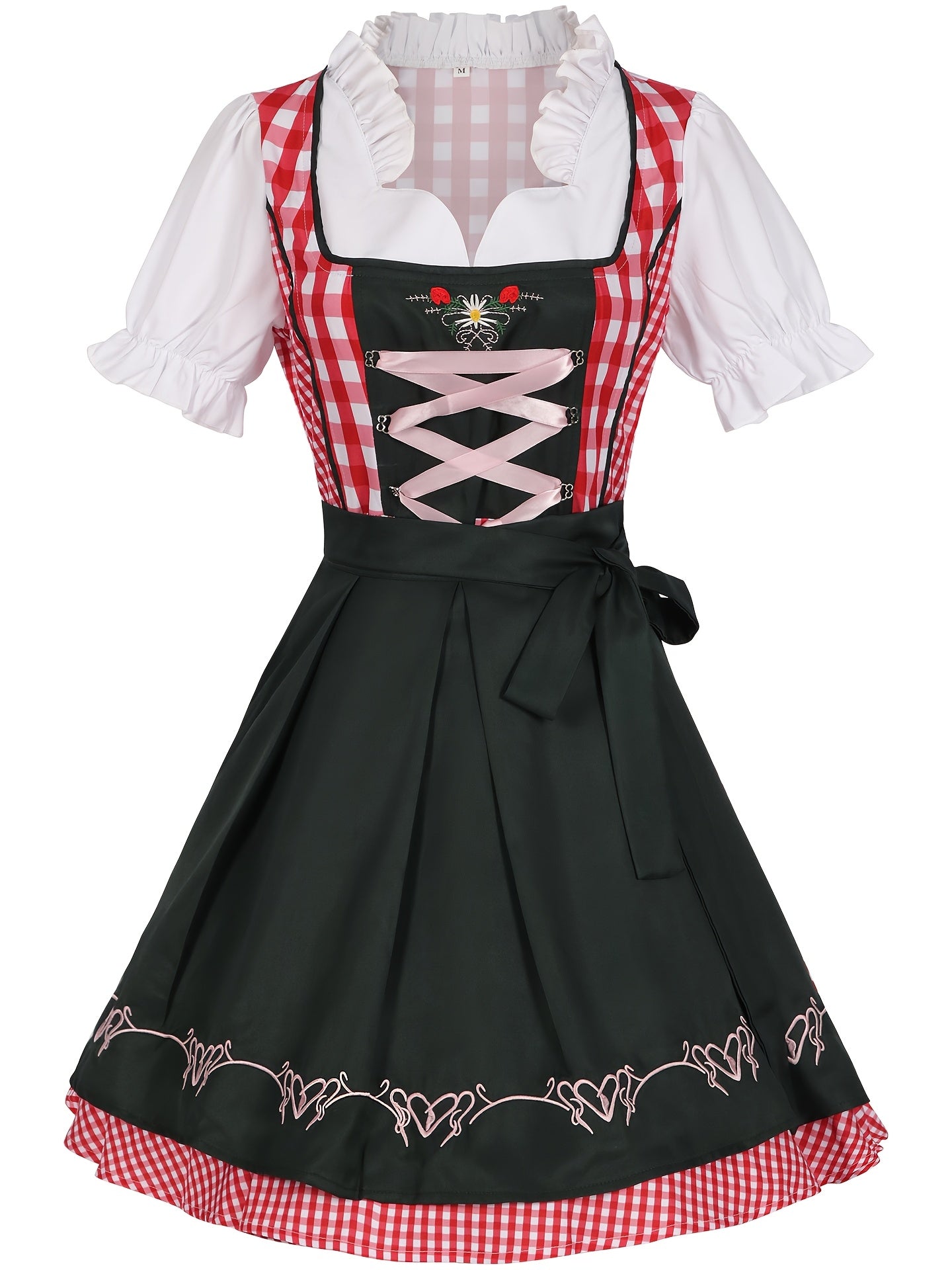 Women's Oktoberfest Dirndl Dress Red Gingham Checkered with Embroidery