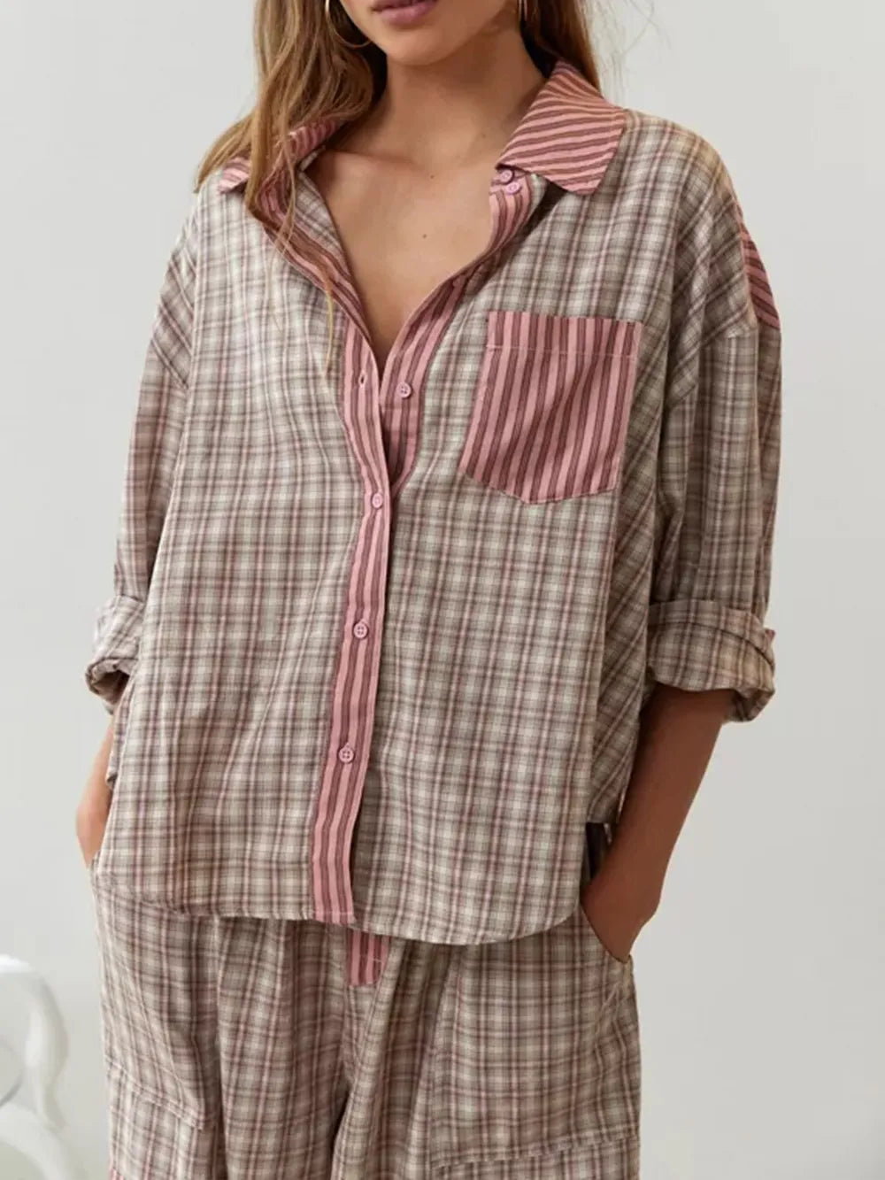 Women’s Pajama Set | Button-Down Top & Drawstring Pants | Polyester Fabric | Comfortable Fit