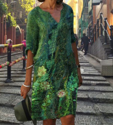 Women's Knee-Length Dress | Timeless V-Neck & 3/4 Sleeves | Polyester Fiber | All-Day Comfort
