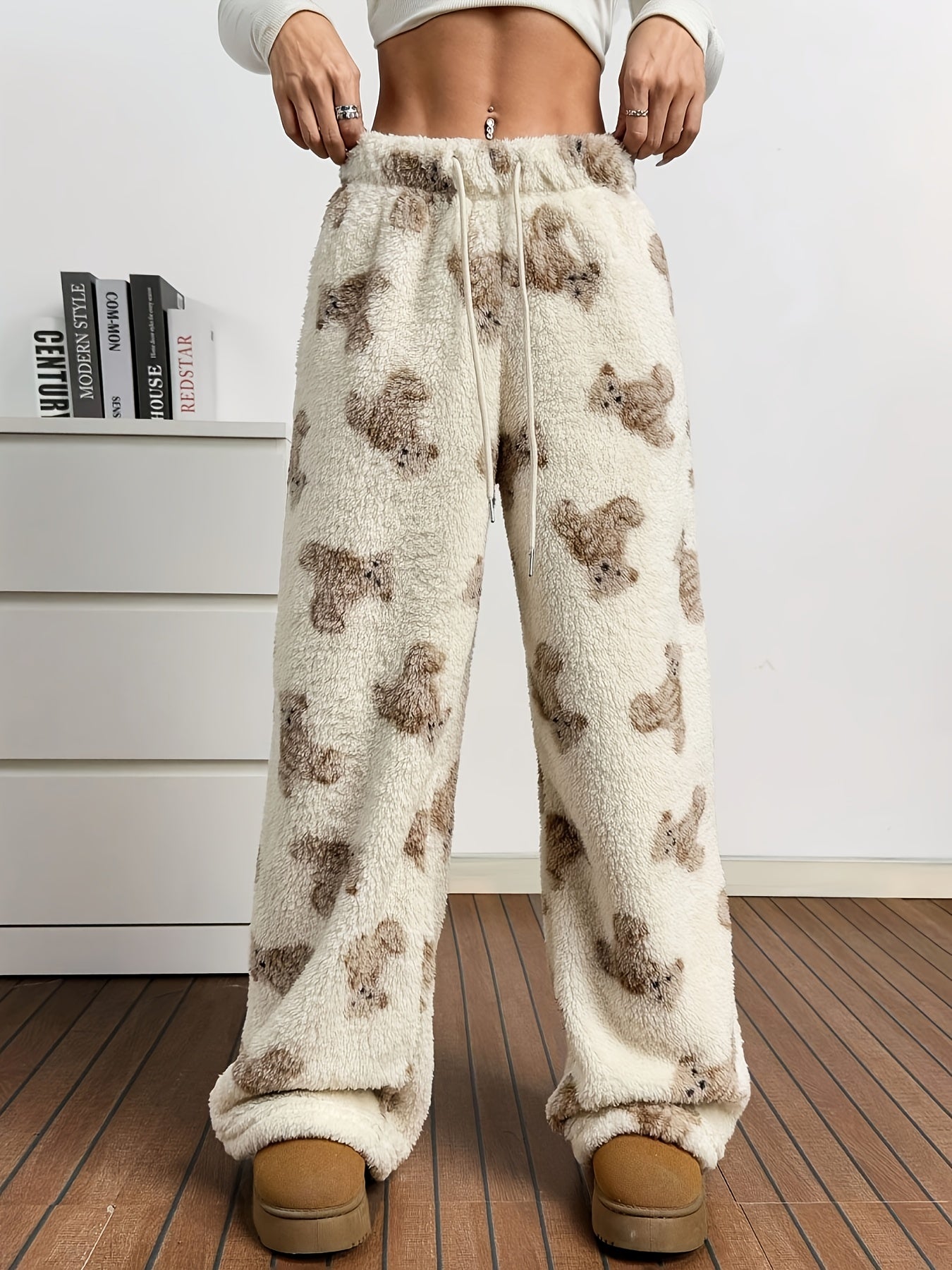 Fleece-Lined Wide-Leg Pants | Animal Print | Warm and Comfortable | Polyester