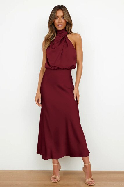 Women's Halter-Neck Draped Midi Dress | Sleeveless Elegant Design | 100% Polyester | Versatile Evening Wear