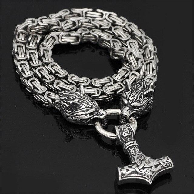 Unisex Necklace & Bracelet | Double Wolf Head & Thor’s Hammer Pendant | Stainless Steel | Adjustable Length 24 to 36 Inches