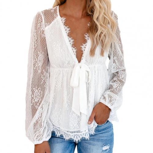 Women’s Lace Blouse | Deep V-Neckline & Waist Bow | Breathable Lace Fabric | Comfortable Fit