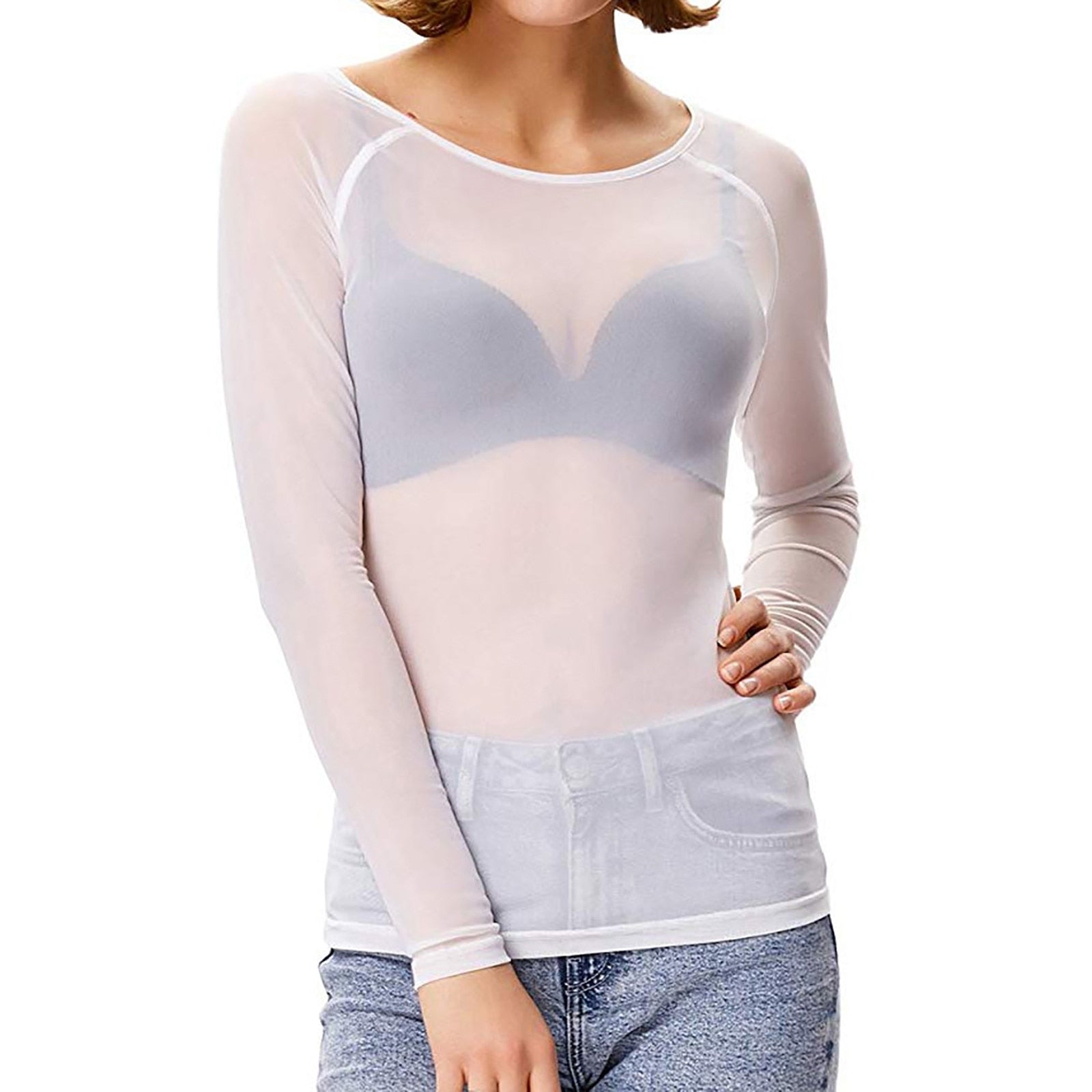Women’s Long-Sleeve Mesh Top | Sheer & Fitted Design | Polyester Fabric | Versatile Layering