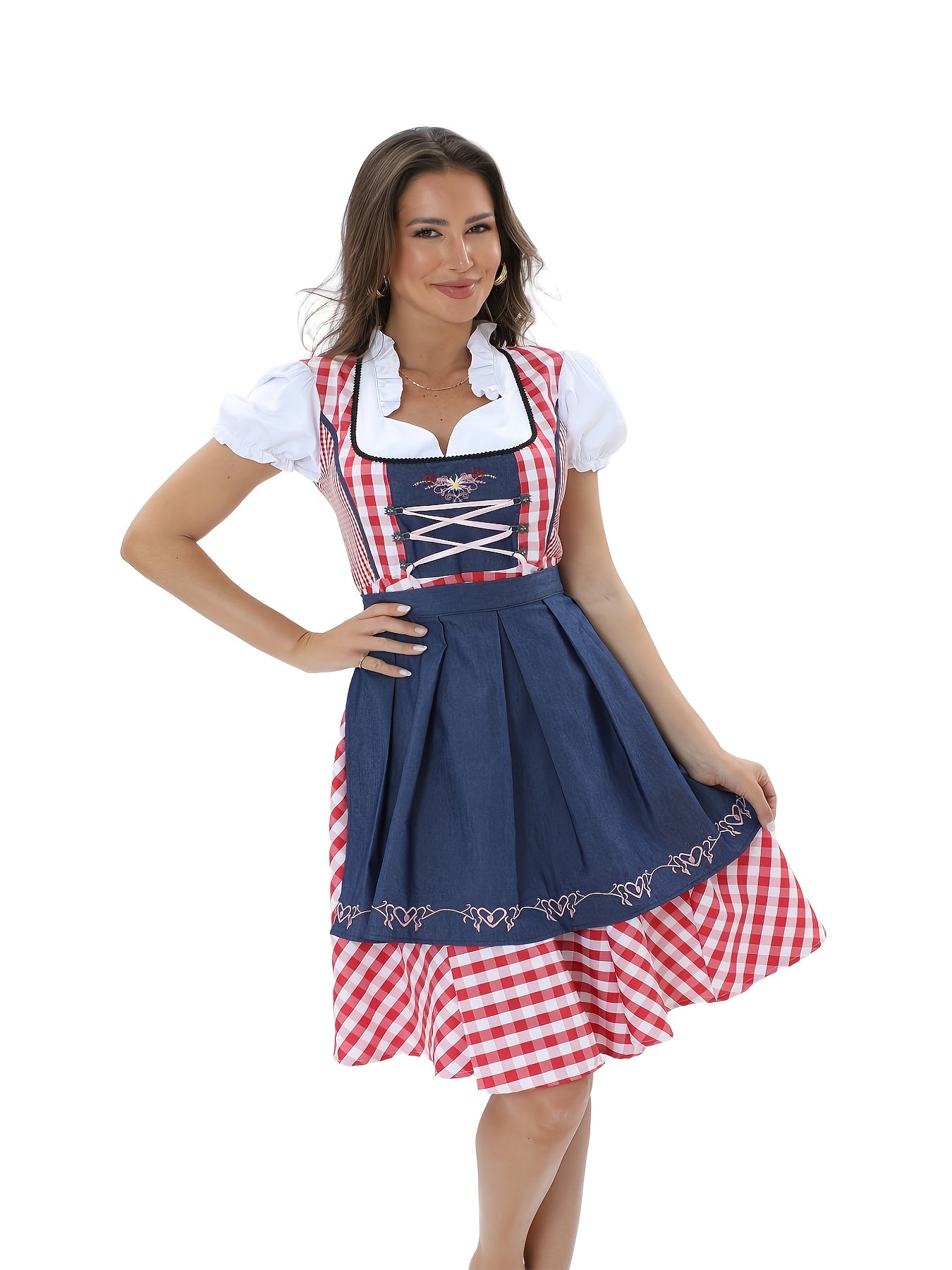 Women's Oktoberfest Dirndl Dress with Traditional Plaid and Embroidery
