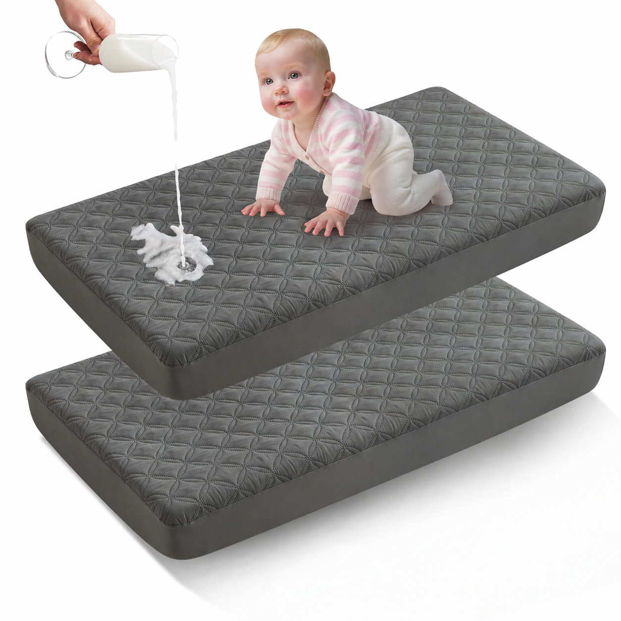 Waterproof Crib Mattress Protector in Soft Gray Fabric – Noiseless & Washable