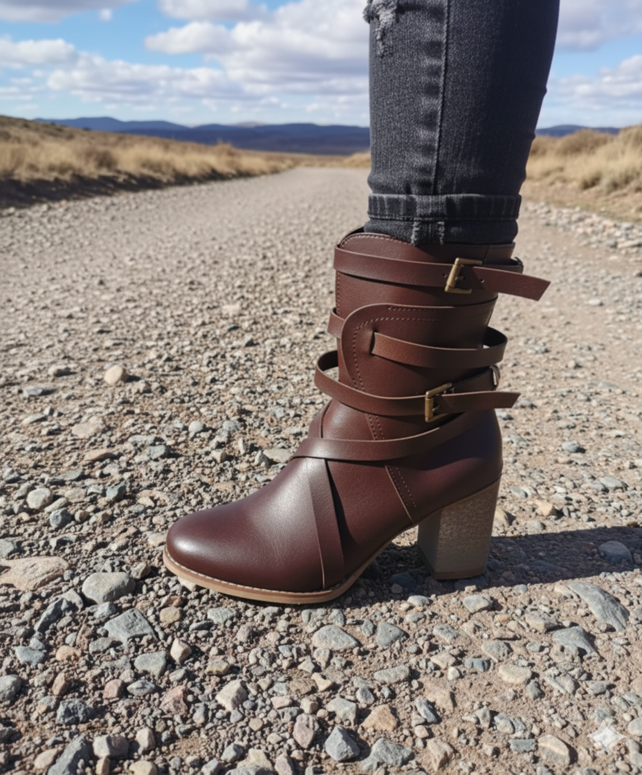 Women’s Ankle Boots | Boho Leather Look | Square Heel & Buckle Wrap | Comfortable Fit