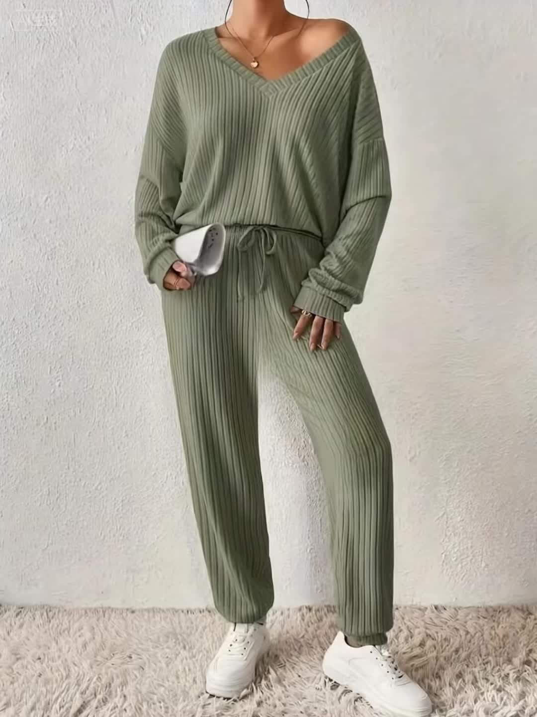 Women’s Knit Jumpsuit | V-Neck Long Sleeve | Cozy Fall Winter Wear | Polyester