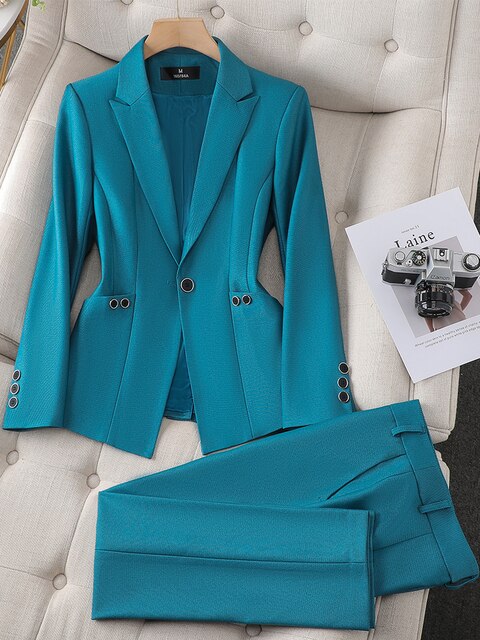Women’s Blazer and Trousers Set | Tailored Slim Fit with Chapel Neckline | Acetate and Elastane | High-Waist Pockets