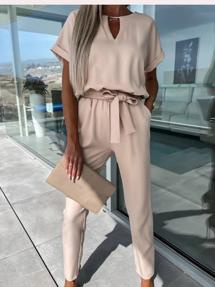 Women's Jumpsuit | Short-Sleeve with Tie Belt | Tailored Fit | Versatile Office & Event Wear