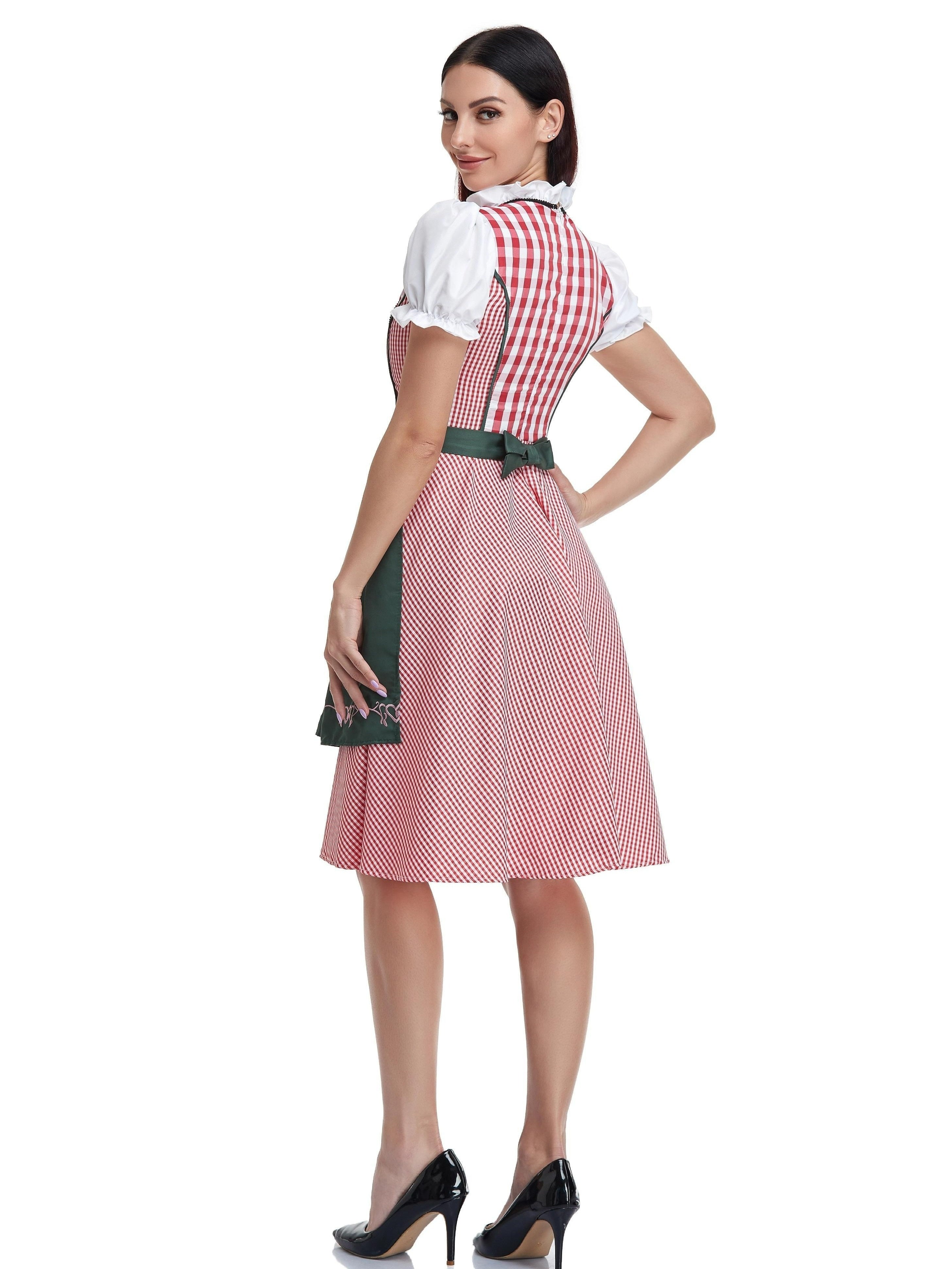 Women's Oktoberfest Plaid Gingham Dress with Lace-Up Back and Apron
