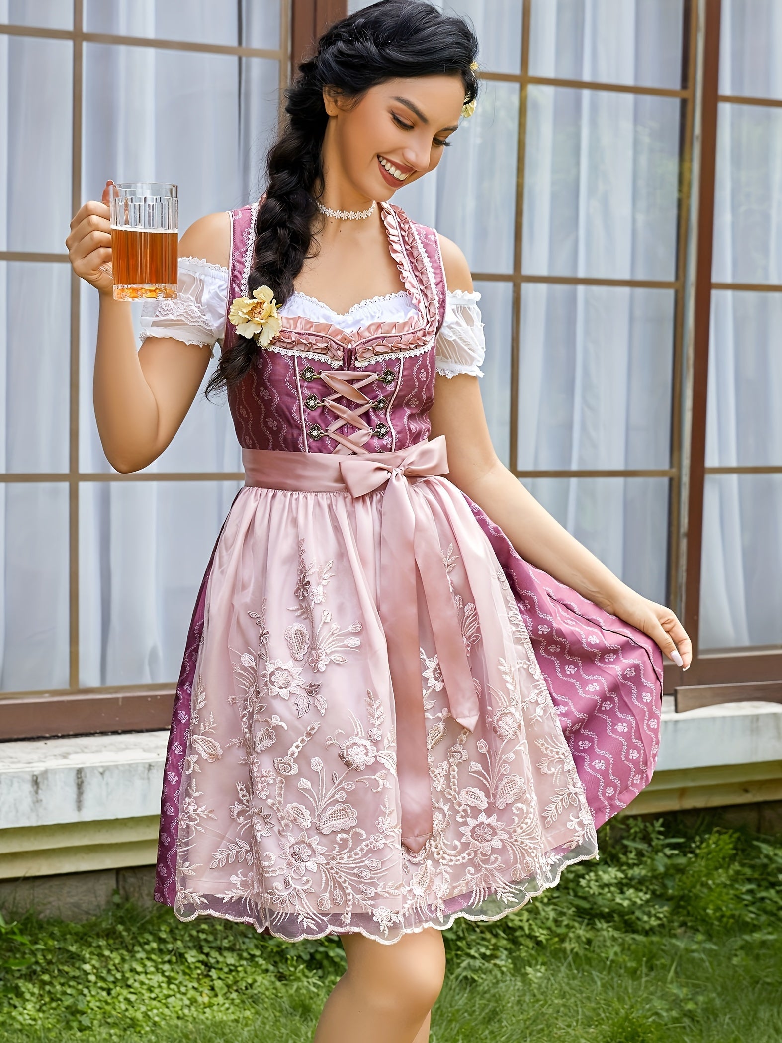 Women's Rose Red Oktoberfest Dirndl Dress Set with Embroidered Apron