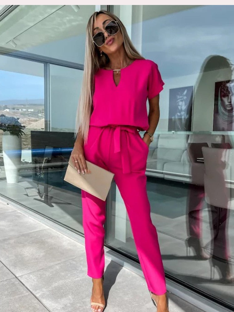 Women's Jumpsuit | Short-Sleeve with Tie Belt | Tailored Fit | Versatile Office & Event Wear