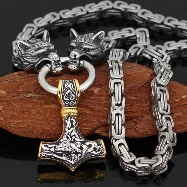 Unisex Necklace & Bracelet | Double Wolf Head & Thor’s Hammer Pendant | Stainless Steel | Adjustable Length 24 to 36 Inches