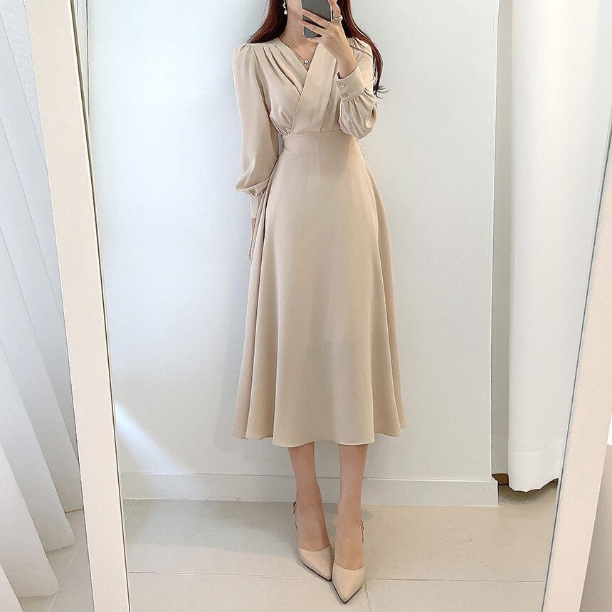 Women’s V-Neck Long-Sleeve Dress | Polyester Stretch Fabric | Midi to Maxi Length | Comfortable Fit