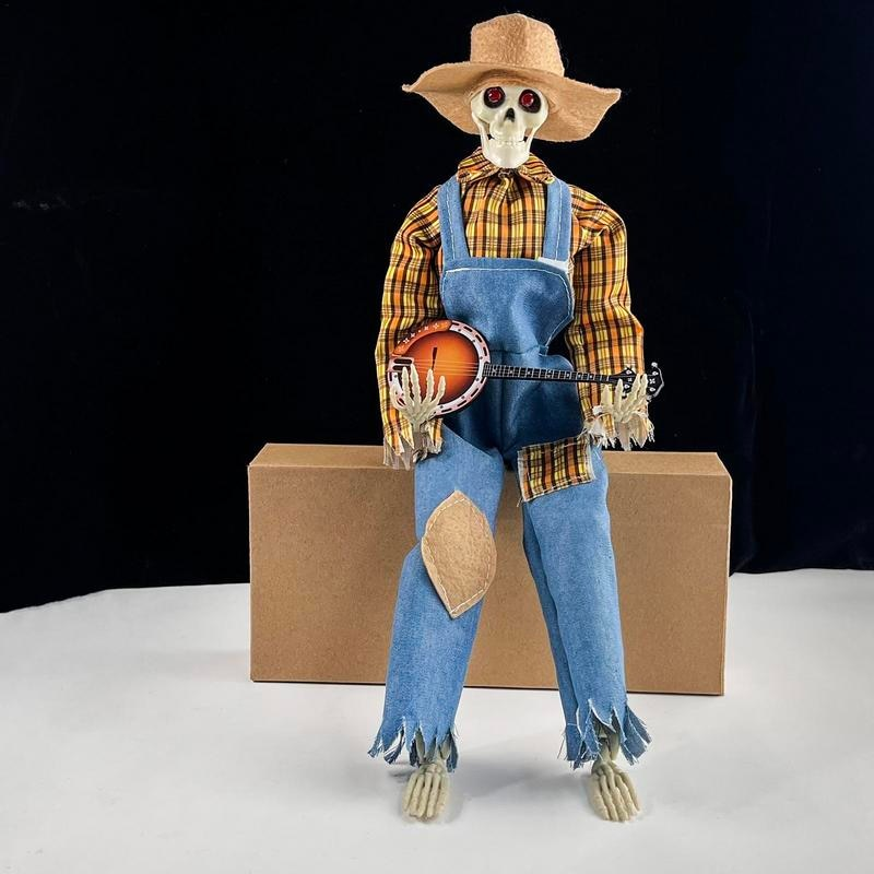 Animated Halloween Skeleton Decor Playing Banjo with Glowing Light