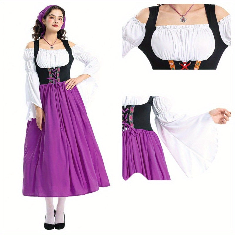 Women's Oktoberfest Dirndl Dress Set with Corset Bodice and Puff Sleeve Blouse