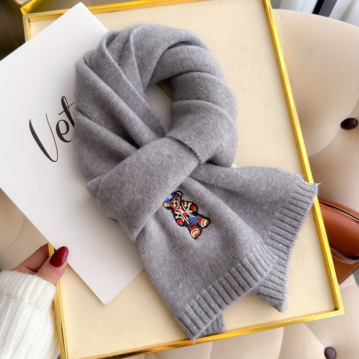 Winter Scarf | Soft Warmth | Stylish Bear Embroidery | Polyester