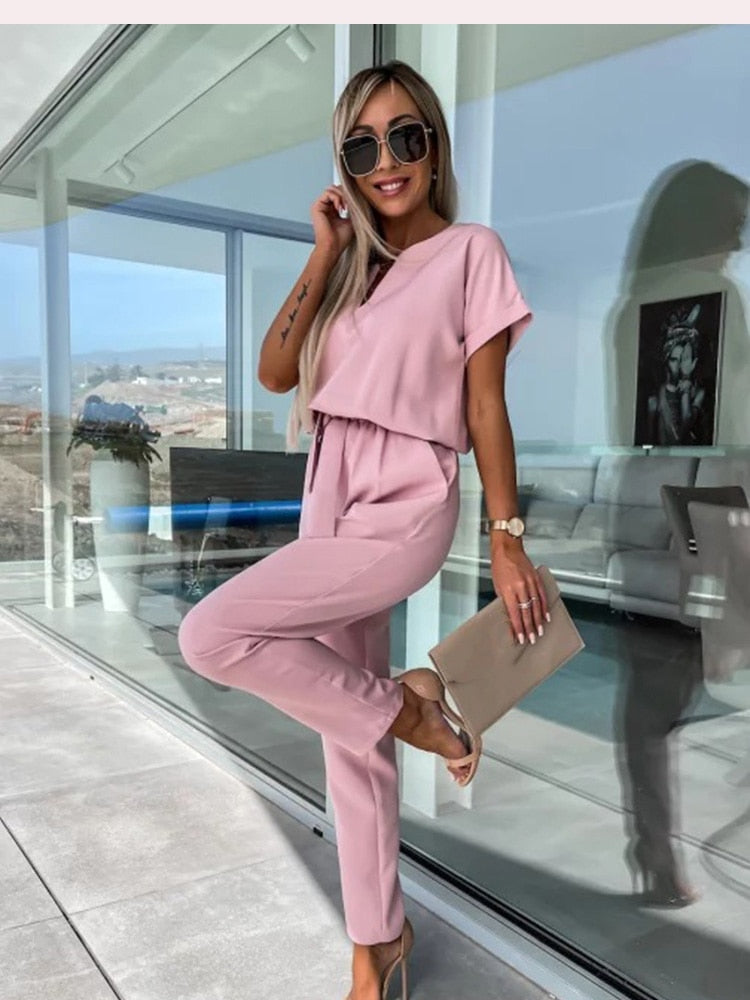 Women's Jumpsuit | Short-Sleeve with Tie Belt | Tailored Fit | Versatile Office & Event Wear