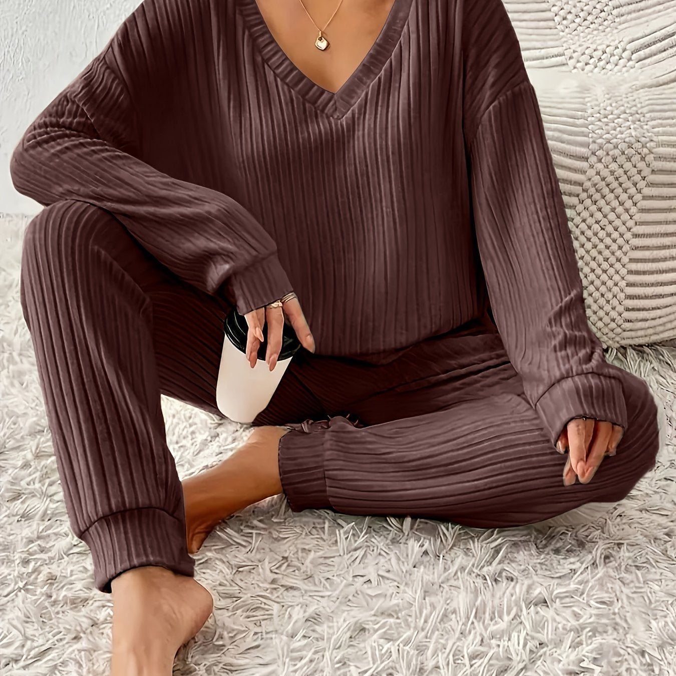 Women’s Knit Jumpsuit | V-Neck Long Sleeve | Cozy Fall Winter Wear | Polyester