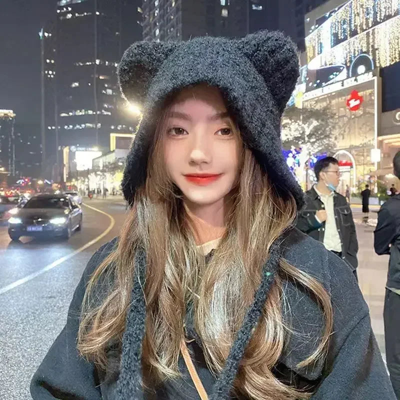 Charming Plush Bear Ear Winter Cap for Women