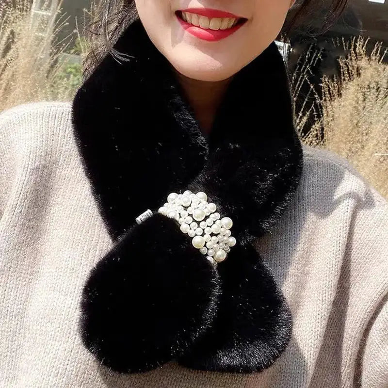 Elegant Plush Pearl-Embellished Winter Wrap