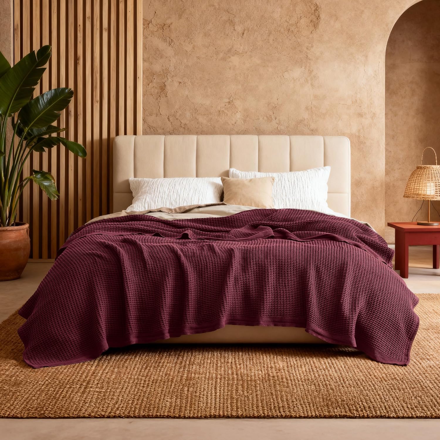 Queen Blanket Made of 100% Cotton with Cooling Waffle Weave for Summer