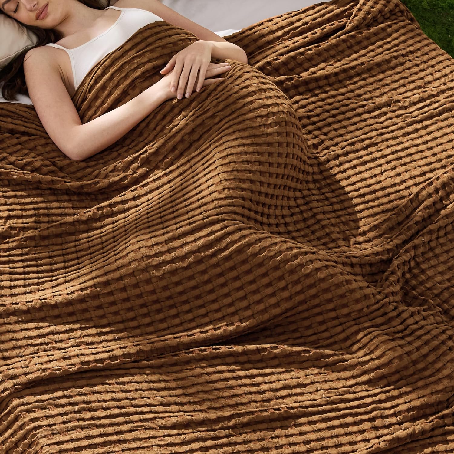 Lightweight Cotton and Bamboo Cooling Waffle Blanket - Queen Size Summer Throw