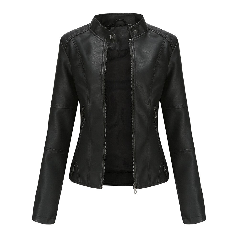 Women’s Leather Jacket | Mao Collar Design | PU Leather & Polyester Lining | Comfortable Fit