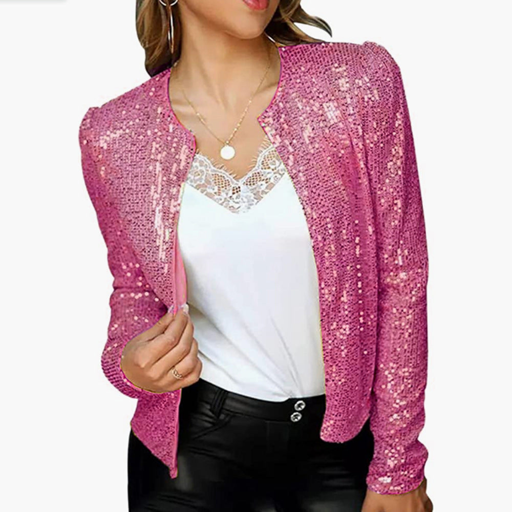 Women’s Sequined Blazer Jacket | Cropped Open-Front Design | Silk Fabric | Comfortable Elegance