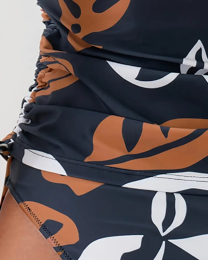 Women's Tankini Swimsuit | Leaf Pattern & Ruffled Drawstring | Nylon-Elastane Blend | Slim Fit Comfort