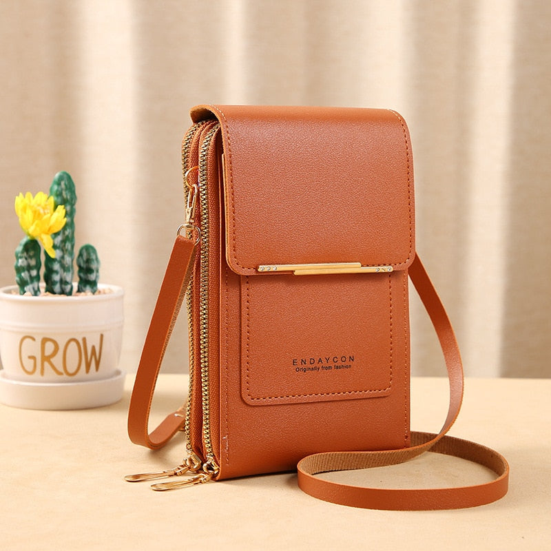 Women's Smartphone Clutch | Transparent Touchscreen Window | Leather-Look with Card Holder | Adjustable Crossbody Strap