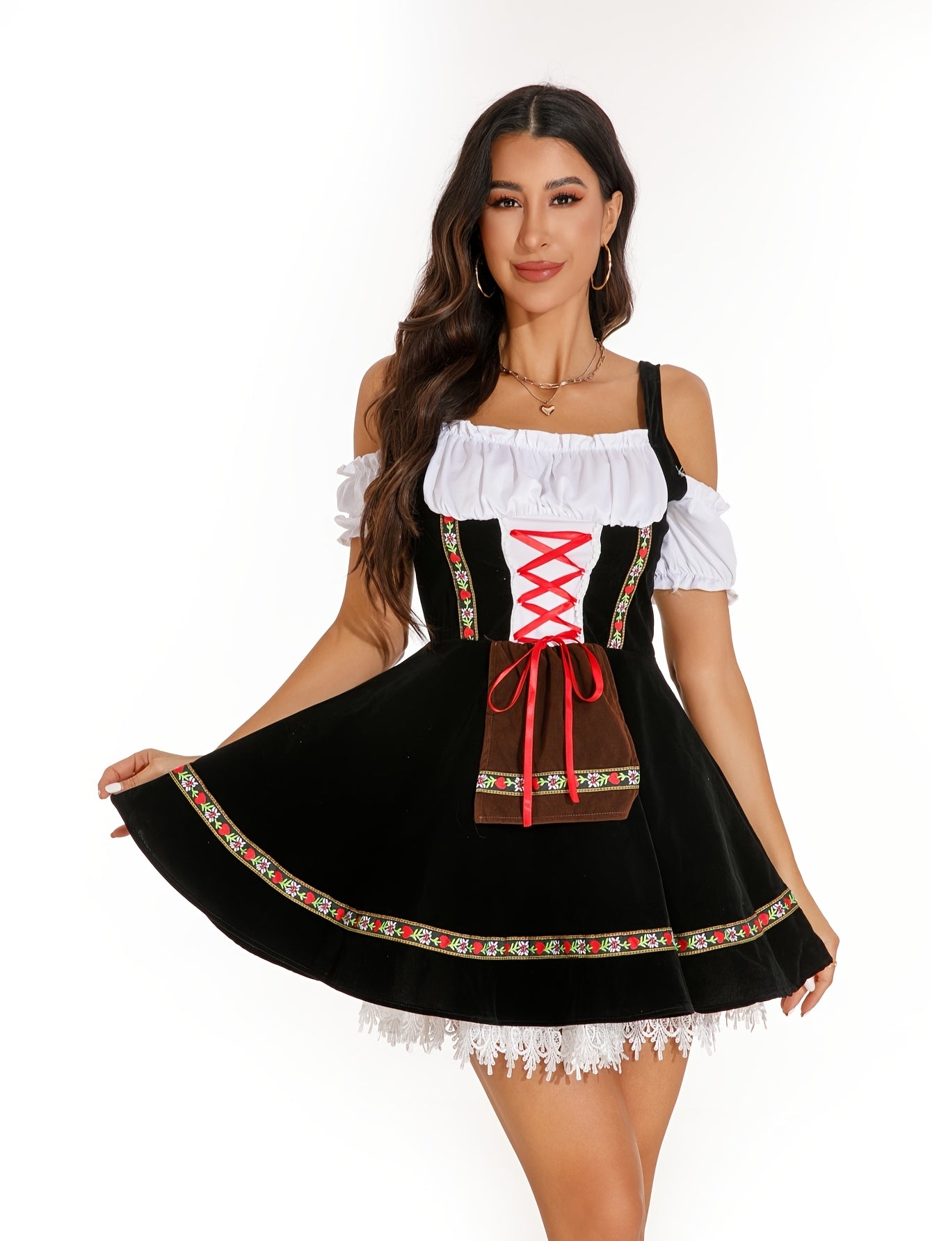 Women's Black Velvet Oktoberfest Dirndl Dress with Lace Trim