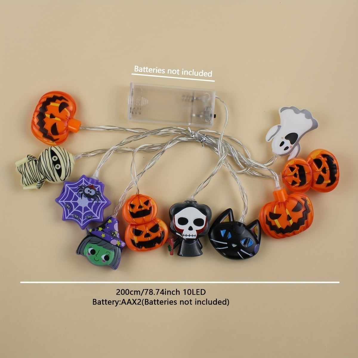 Battery-Operated Halloween String Lights with Pumpkin and Spider Design