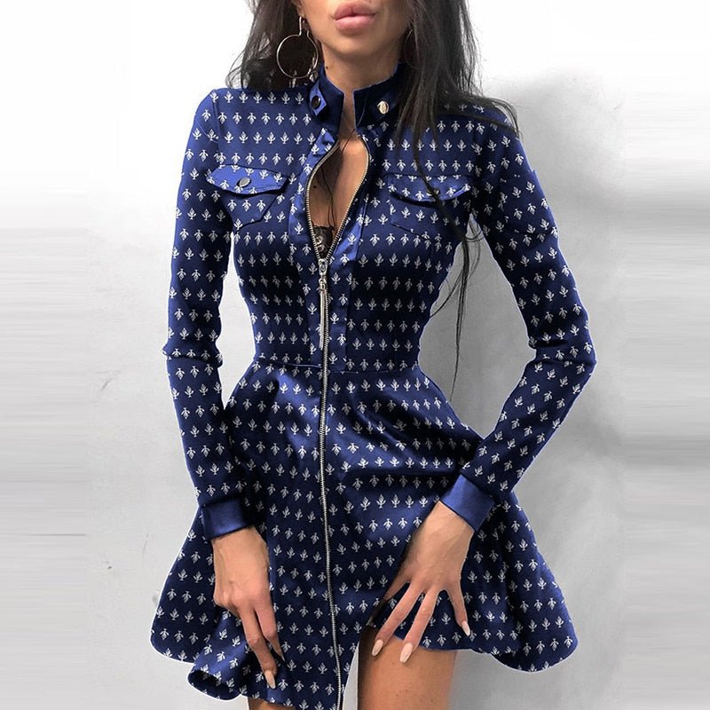 Women’s Mini Dress | Front-Zipper Faux Leather | Chest Pockets & Stand-Up Collar | Comfortable Fit