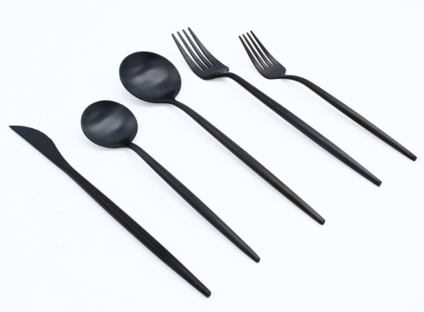 Cutlery Set | Black Stainless Steel with Mirrored Finish | 24 or 48 Pieces | Ergonomic & Durable Design