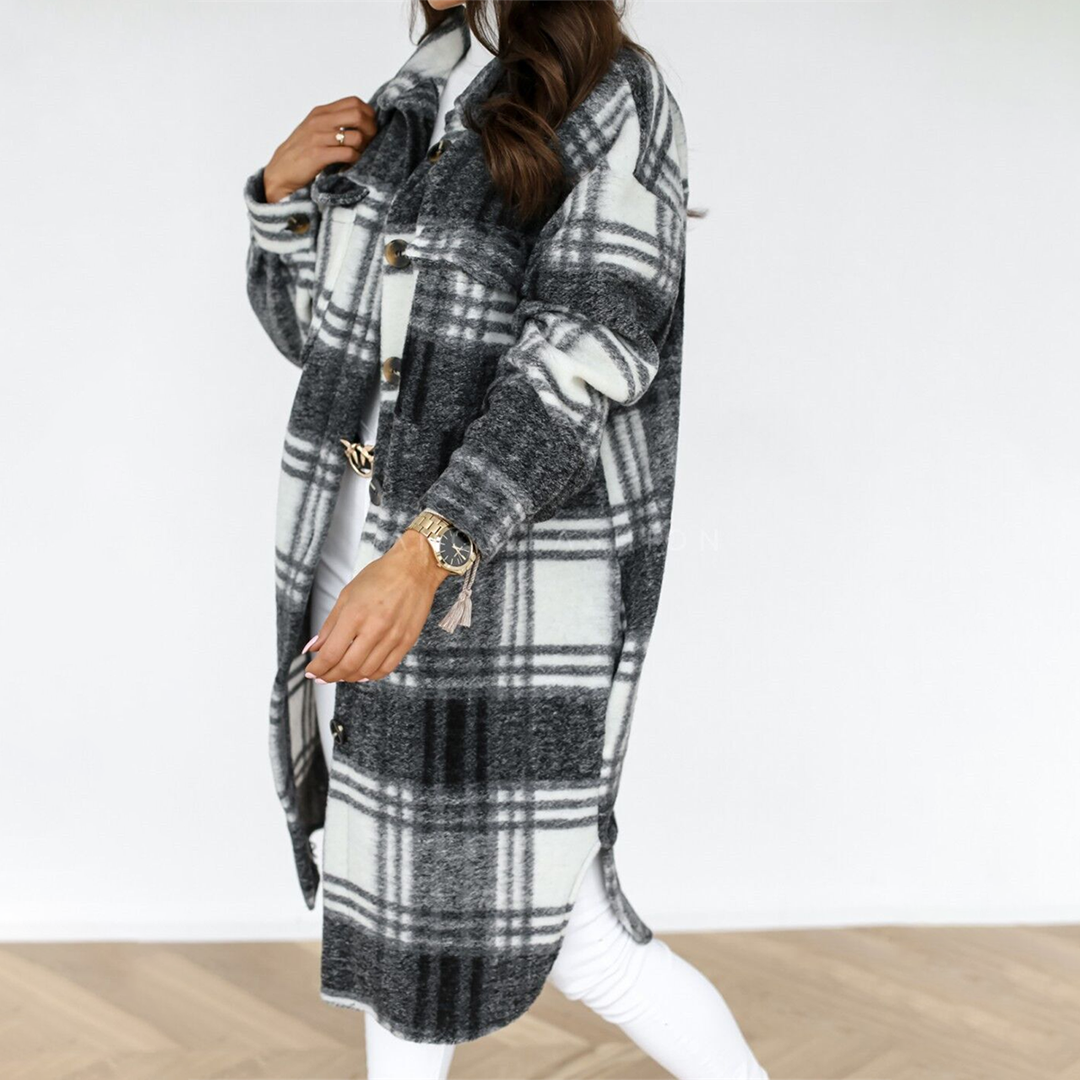 Women’s Longline Coat | Plaid Pattern | Wool Blend & Front Button Closure | Versatile Fall Outerwear