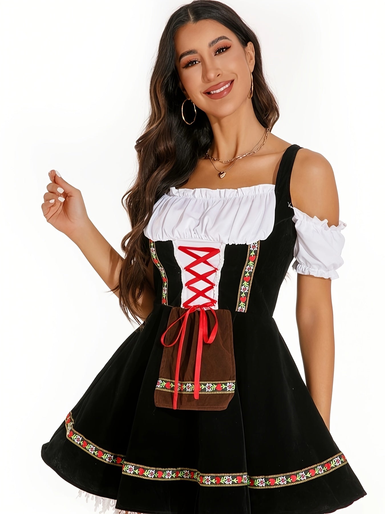 Women's Black Velvet Oktoberfest Dirndl Dress with Lace Trim