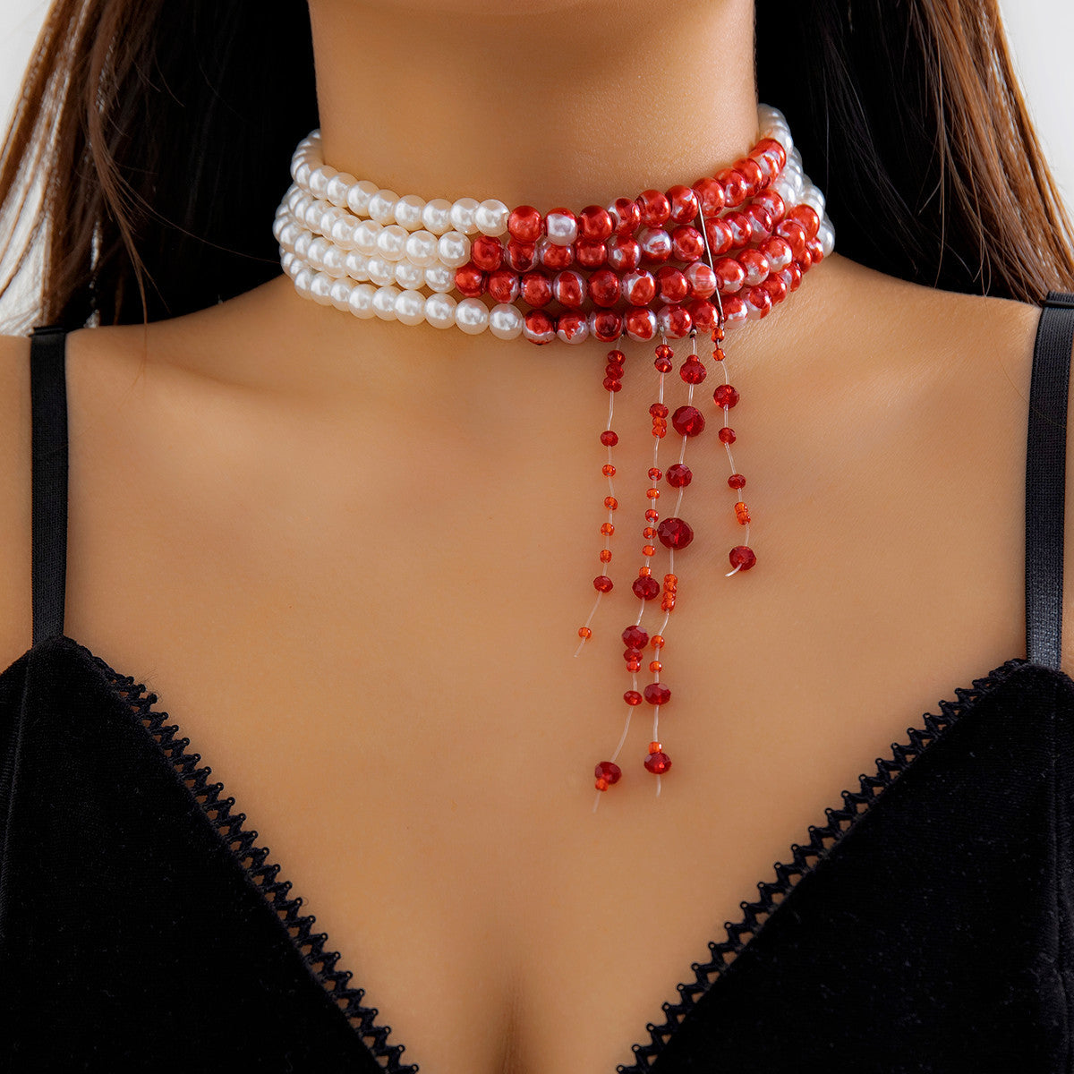 Halloween Dark Pearl Necklace with Blood Drop Design