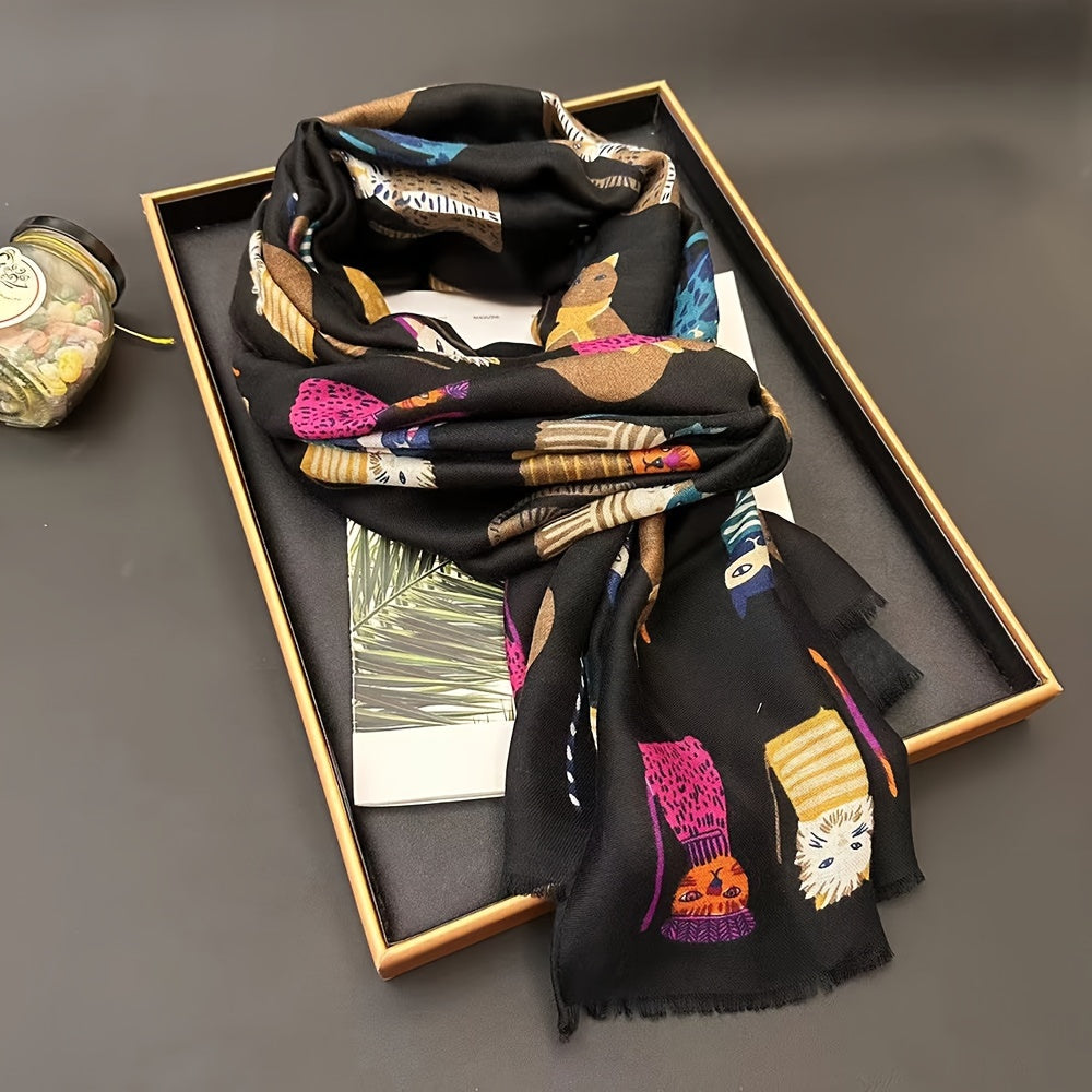 Cat Print Scarf | Lightweight | Breathable and Warm | Viscose