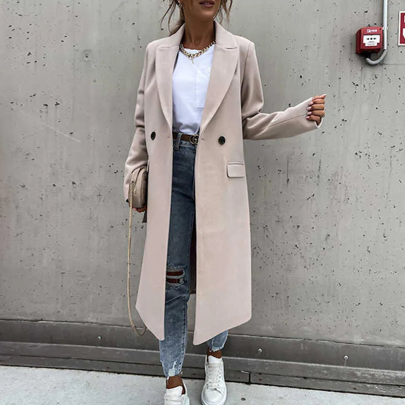Women’s Long Double-Breasted Overcoat | Warm Polyester Fabric | Classic Lapels & Flap Pockets | Below Knee Length