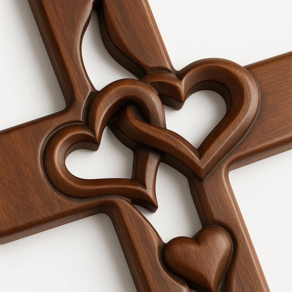 Wall Art Featuring Interwoven Hearts in Wood Cross Design
