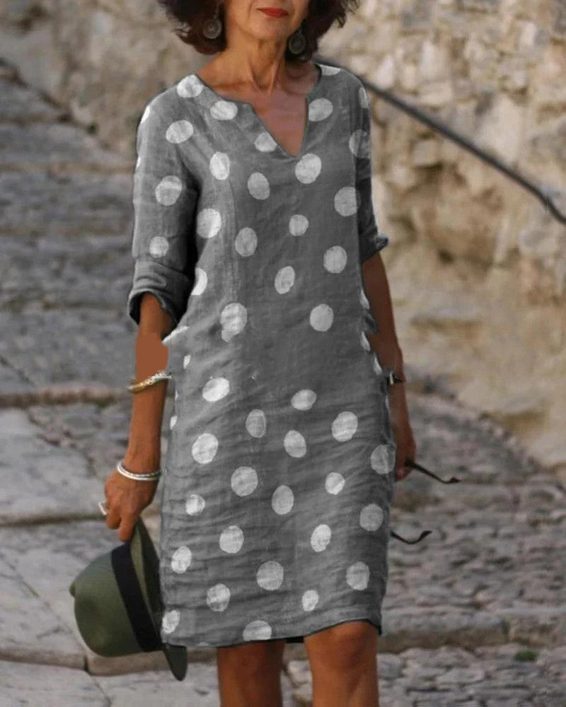 Women's Knee-Length Dress | Timeless V-Neck & 3/4 Sleeves | Polyester Fiber | All-Day Comfort
