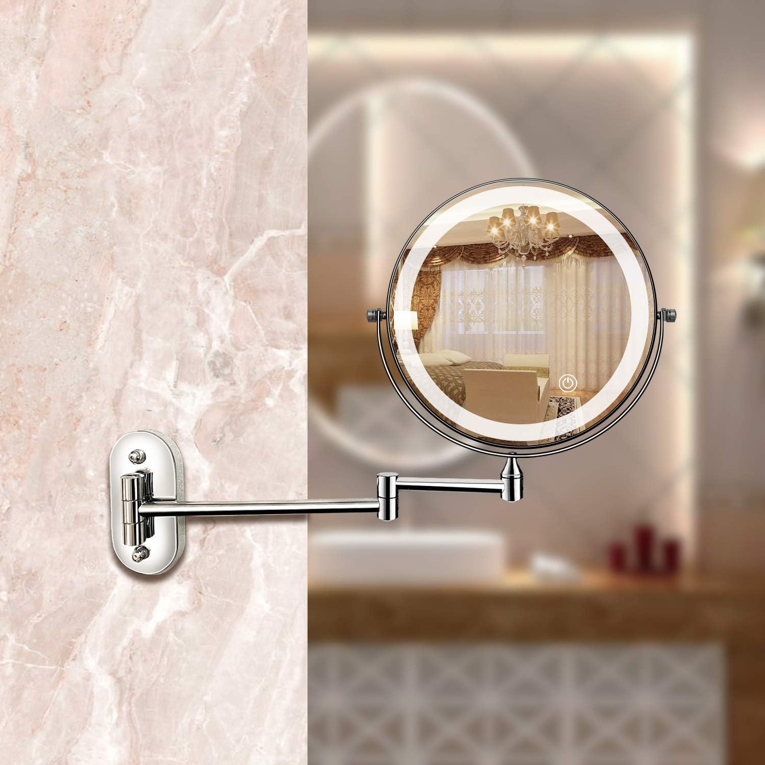 Wall-Mounted LED Magnifying Vanity Mirror | Adjustable Arm & Rechargeable LED Light | Chrome Silver & Stainless Steel | Space-Saving Design