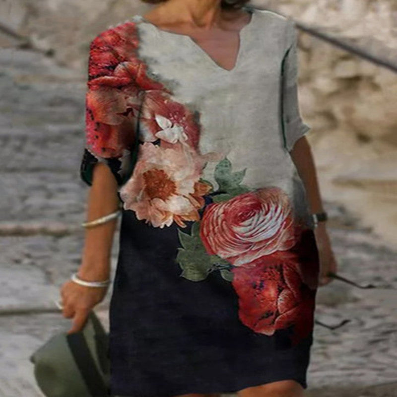 Women's Knee-Length Dress | Timeless V-Neck & 3/4 Sleeves | Polyester Fiber | All-Day Comfort