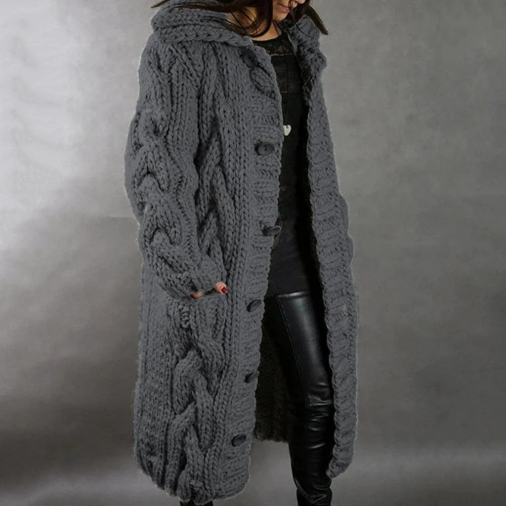 Women’s Long Knit Coat | Acrylic & Cotton Blend | Hooded with Button Closure | Mid-Calf Length Warmth