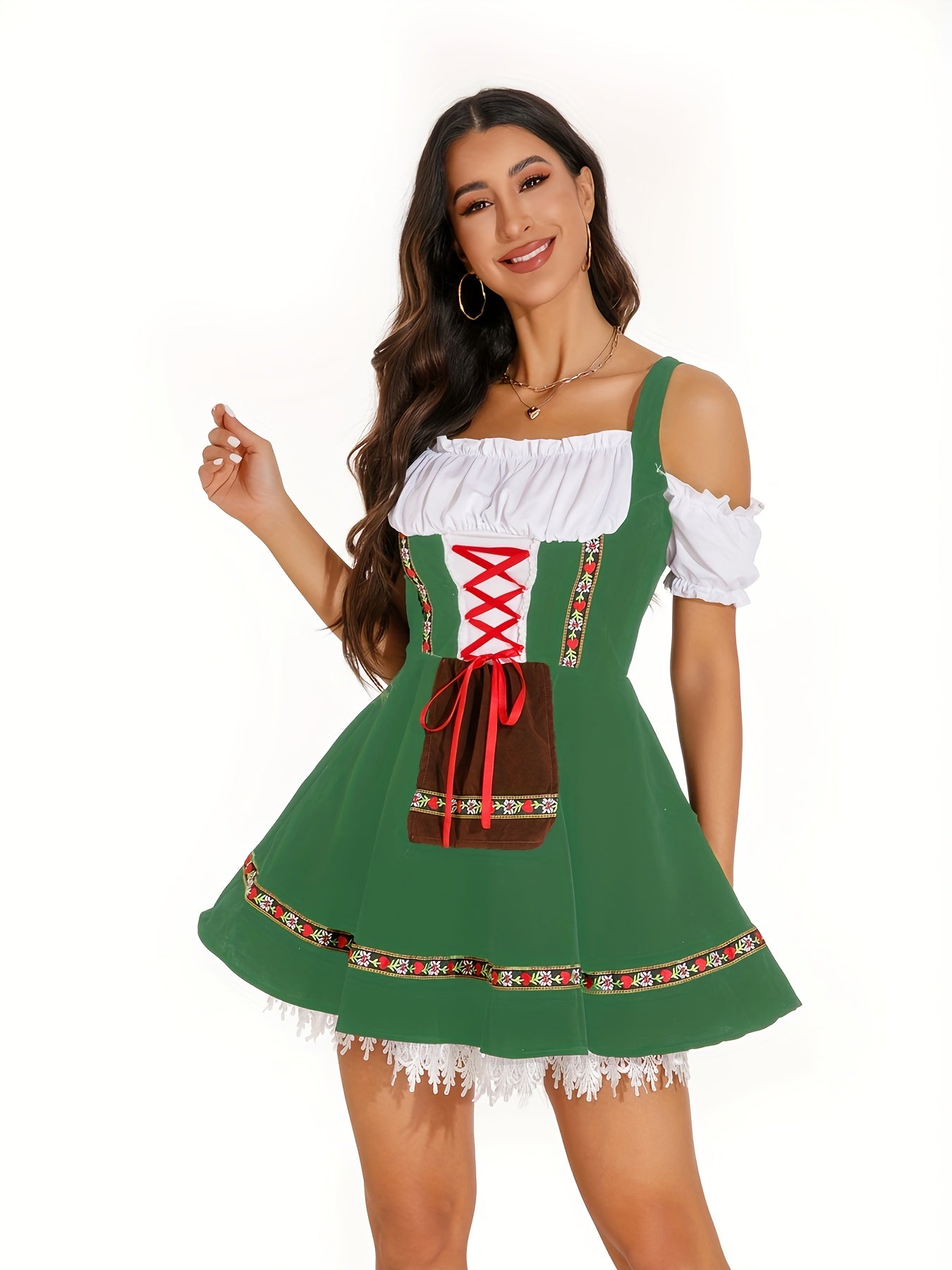 Women's Bavarian Dirndl Dress with Lace Trim for Oktoberfest Celebrations