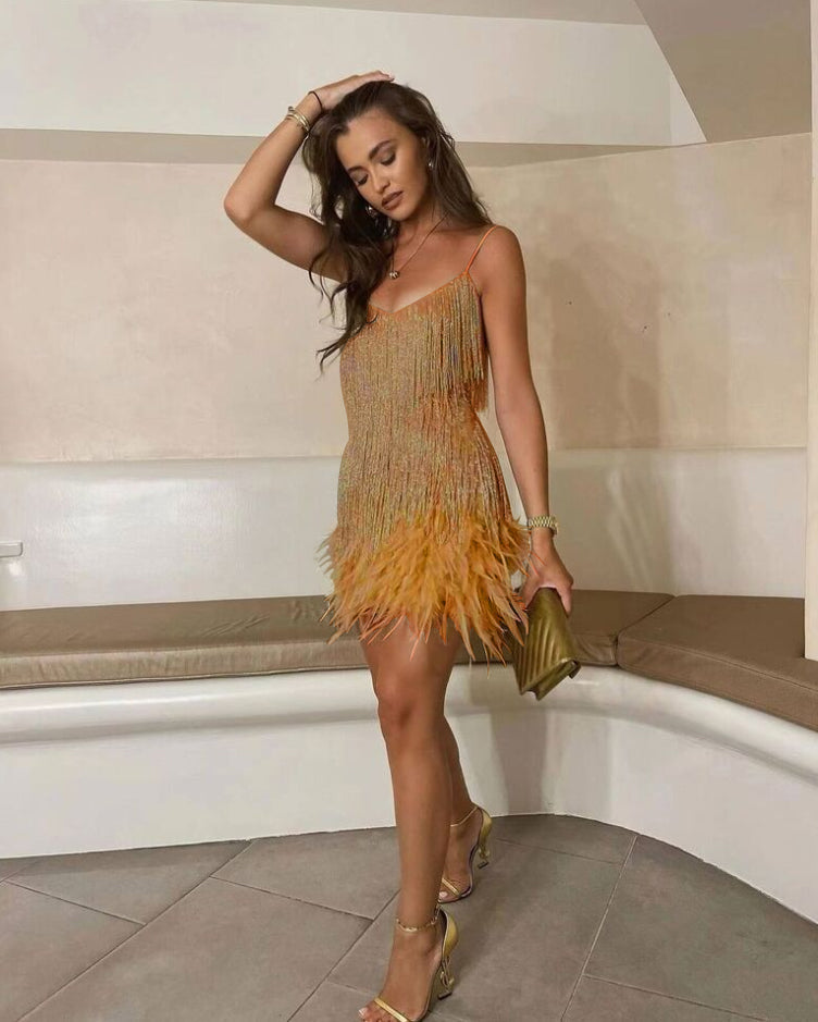 Women’s Cocktail Dress | Sequin Fringe & Feathered Hem | Fitted Slip Silhouette | Elegant Party Wear