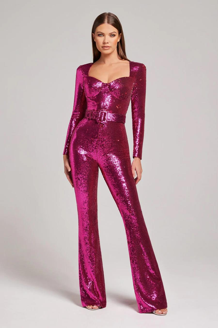 Women’s Jumpsuit | Sequined Long Sleeve with Belt | Flattering Silhouette | Special Occasions
