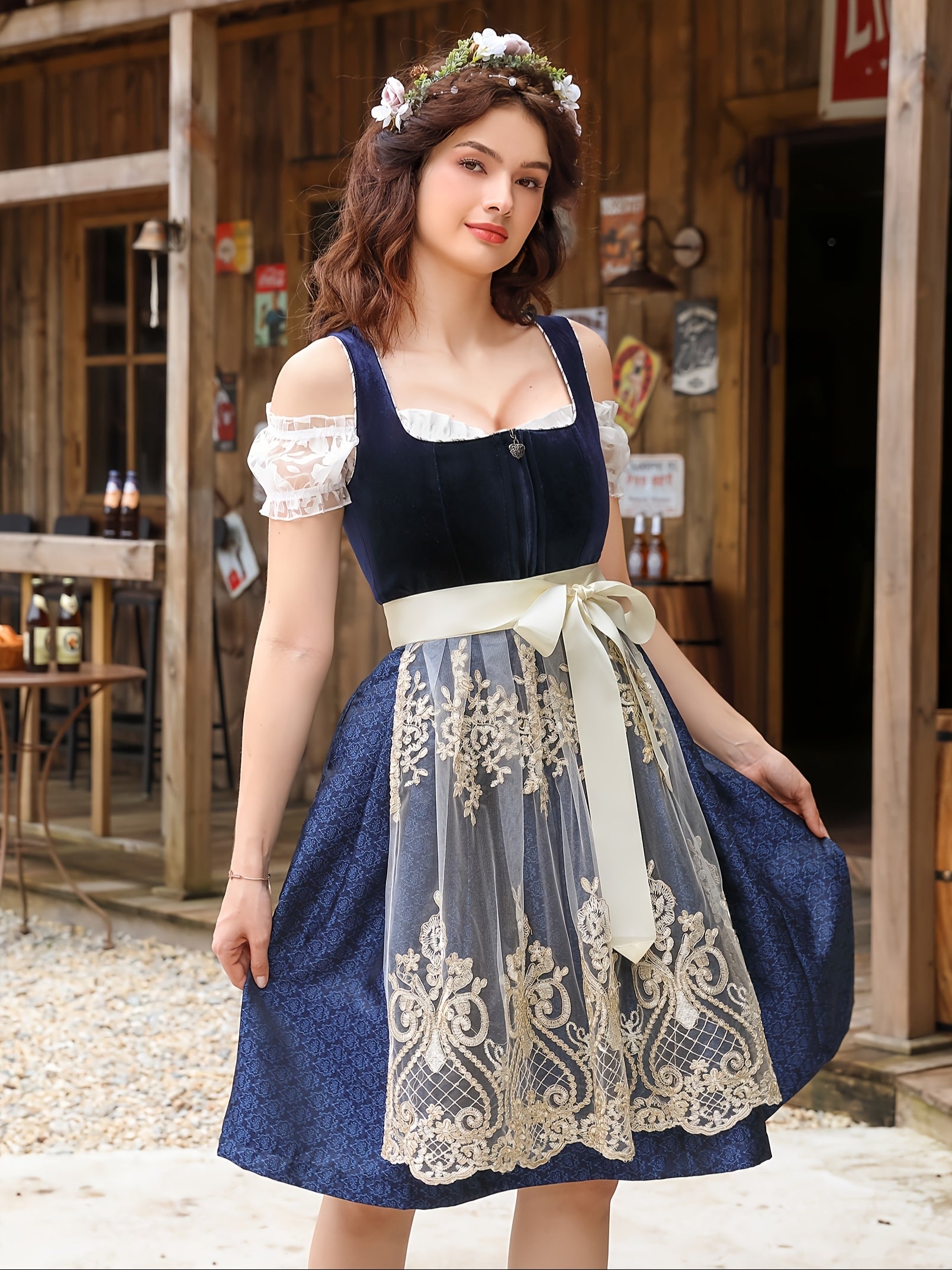 Women's Velvet Oktoberfest Dirndl Dress with Lace Apron and Puff Sleeves